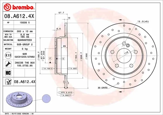 Bremsscheibe Hinterachse BREMBO 08.A612.4X Bild Bremsscheibe Hinterachse BREMBO 08.A612.4X