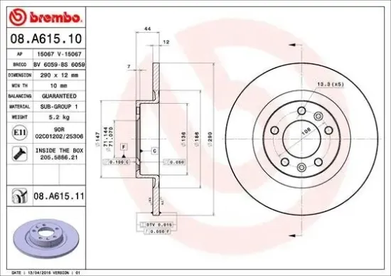 Bremsscheibe Hinterachse BREMBO 08.A615.11 Bild Bremsscheibe Hinterachse BREMBO 08.A615.11