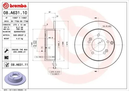 Bremsscheibe Hinterachse BREMBO 08.A631.11 Bild Bremsscheibe Hinterachse BREMBO 08.A631.11