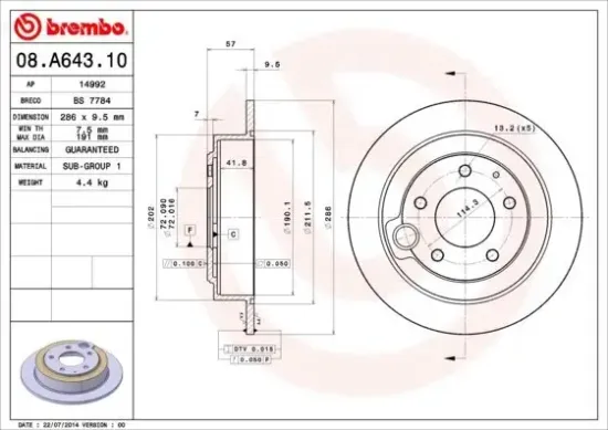 Bremsscheibe Hinterachse BREMBO 08.A643.10 Bild Bremsscheibe Hinterachse BREMBO 08.A643.10