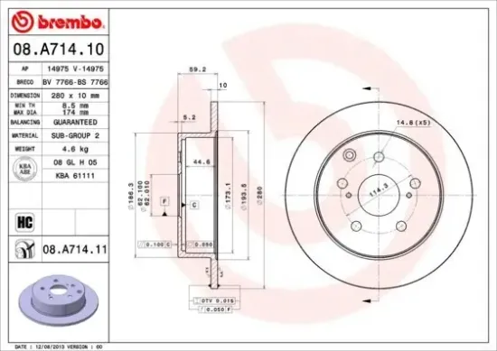 Bremsscheibe Hinterachse BREMBO 08.A714.11 Bild Bremsscheibe Hinterachse BREMBO 08.A714.11