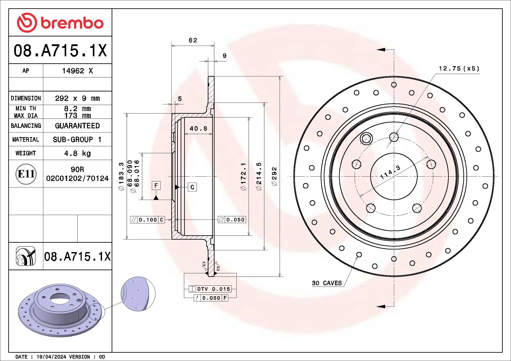 Bremsscheibe Hinterachse BREMBO 08.A715.1X
