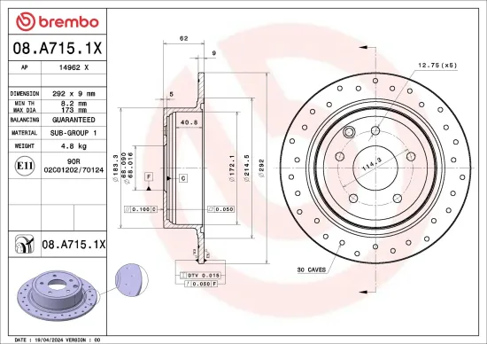 Bremsscheibe Hinterachse BREMBO 08.A715.1X Bild Bremsscheibe Hinterachse BREMBO 08.A715.1X
