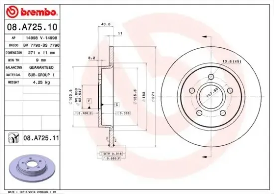 Bremsscheibe Hinterachse BREMBO 08.A725.11 Bild Bremsscheibe Hinterachse BREMBO 08.A725.11