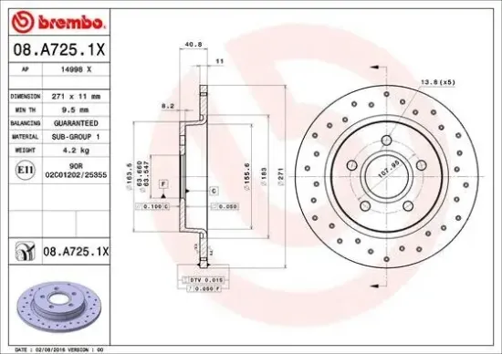 Bremsscheibe Hinterachse BREMBO 08.A725.1X Bild Bremsscheibe Hinterachse BREMBO 08.A725.1X