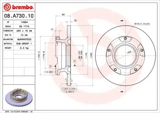 Bremsscheibe Hinterachse BREMBO 08.A730.10 Bild Bremsscheibe Hinterachse BREMBO 08.A730.10