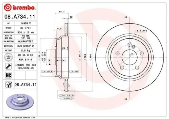 Bremsscheibe Hinterachse BREMBO 08.A734.11 Bild Bremsscheibe Hinterachse BREMBO 08.A734.11