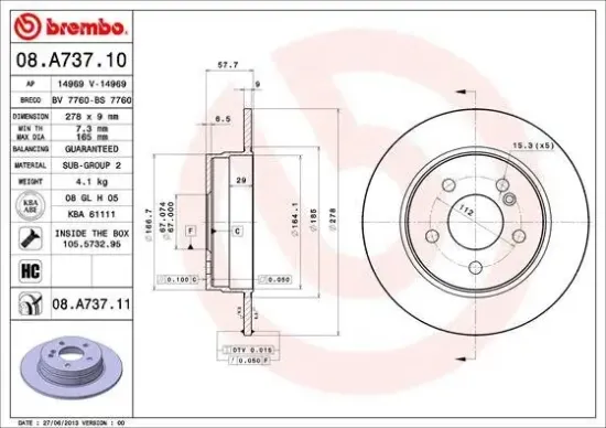 Bremsscheibe Hinterachse BREMBO 08.A737.11 Bild Bremsscheibe Hinterachse BREMBO 08.A737.11