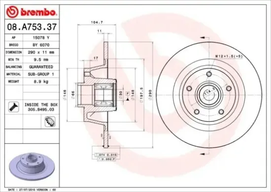 Bremsscheibe BREMBO 08.A753.37 Bild Bremsscheibe BREMBO 08.A753.37