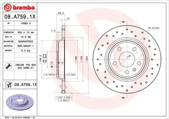 Bremsscheibe Hinterachse BREMBO 08.A759.1X Bild Bremsscheibe Hinterachse BREMBO 08.A759.1X