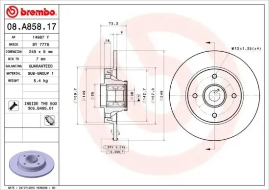 Bremsscheibe Hinterachse BREMBO 08.A858.17 Bild Bremsscheibe Hinterachse BREMBO 08.A858.17