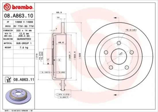 Bremsscheibe Hinterachse BREMBO 08.A863.11 Bild Bremsscheibe Hinterachse BREMBO 08.A863.11