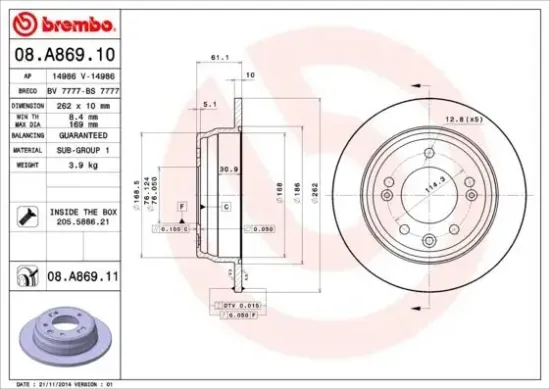 Bremsscheibe BREMBO 08.A869.11 Bild Bremsscheibe BREMBO 08.A869.11