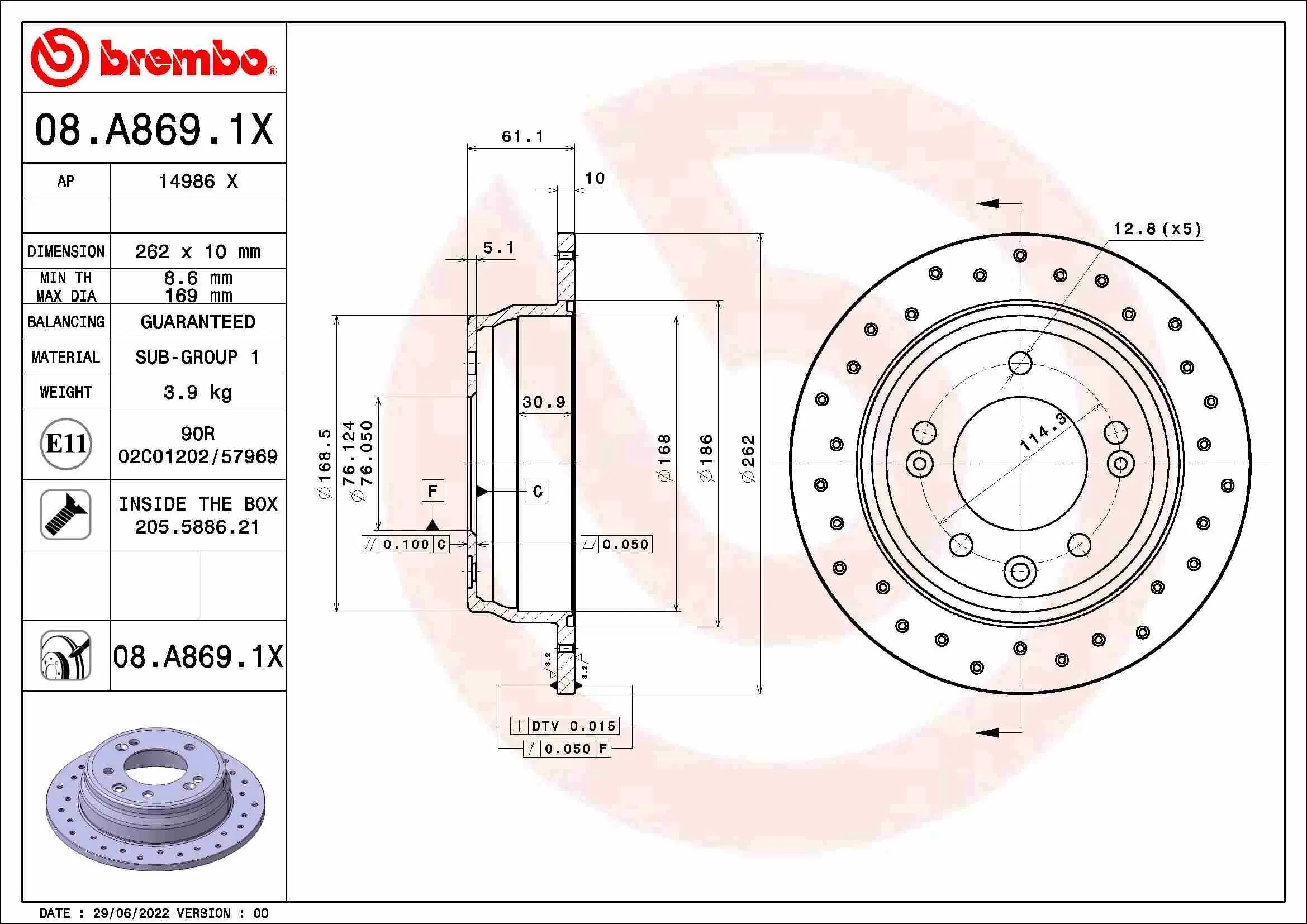 Bremsscheibe Hinterachse BREMBO 08.A869.1X