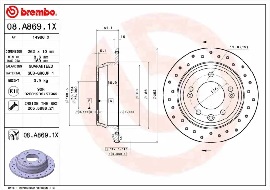 Bremsscheibe Hinterachse BREMBO 08.A869.1X Bild Bremsscheibe Hinterachse BREMBO 08.A869.1X