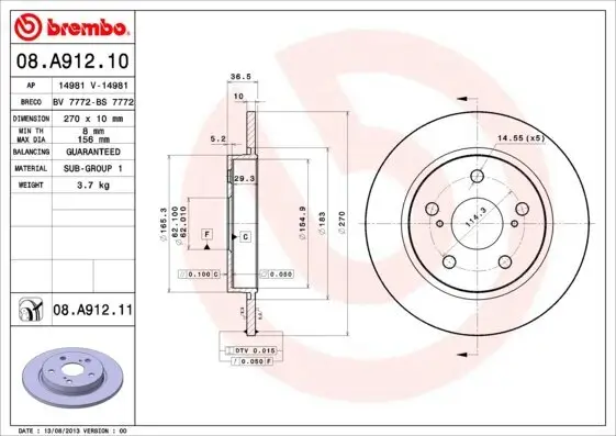 Bremsscheibe BREMBO 08.A912.11 Bild Bremsscheibe BREMBO 08.A912.11