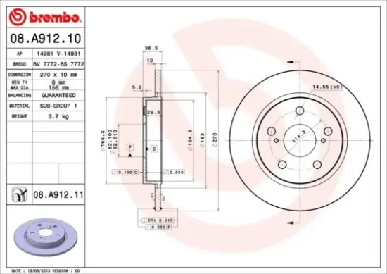 Bremsscheibe Hinterachse BREMBO 08.A912.11 Bild Bremsscheibe Hinterachse BREMBO 08.A912.11