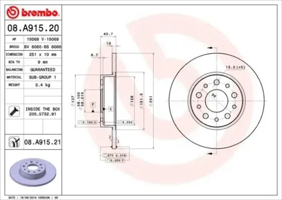 Bremsscheibe Hinterachse BREMBO 08.A915.21 Bild Bremsscheibe Hinterachse BREMBO 08.A915.21