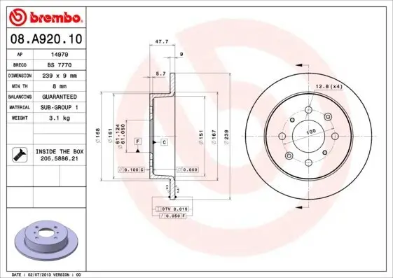Bremsscheibe Hinterachse BREMBO 08.A920.10