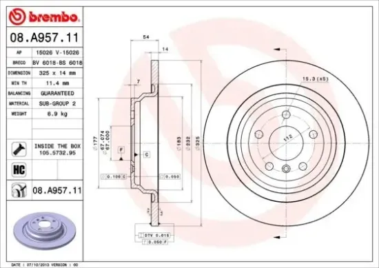 Bremsscheibe Hinterachse BREMBO 08.A957.11 Bild Bremsscheibe Hinterachse BREMBO 08.A957.11