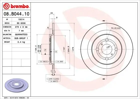 Bremsscheibe Hinterachse BREMBO 08.B044.10