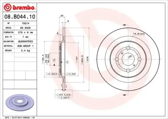 Bremsscheibe Hinterachse BREMBO 08.B044.10 Bild Bremsscheibe Hinterachse BREMBO 08.B044.10