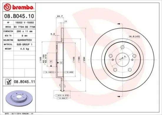 Bremsscheibe Hinterachse BREMBO 08.B045.11 Bild Bremsscheibe Hinterachse BREMBO 08.B045.11