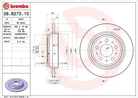 Bremsscheibe Hinterachse BREMBO 08.B273.10 Bild Bremsscheibe Hinterachse BREMBO 08.B273.10