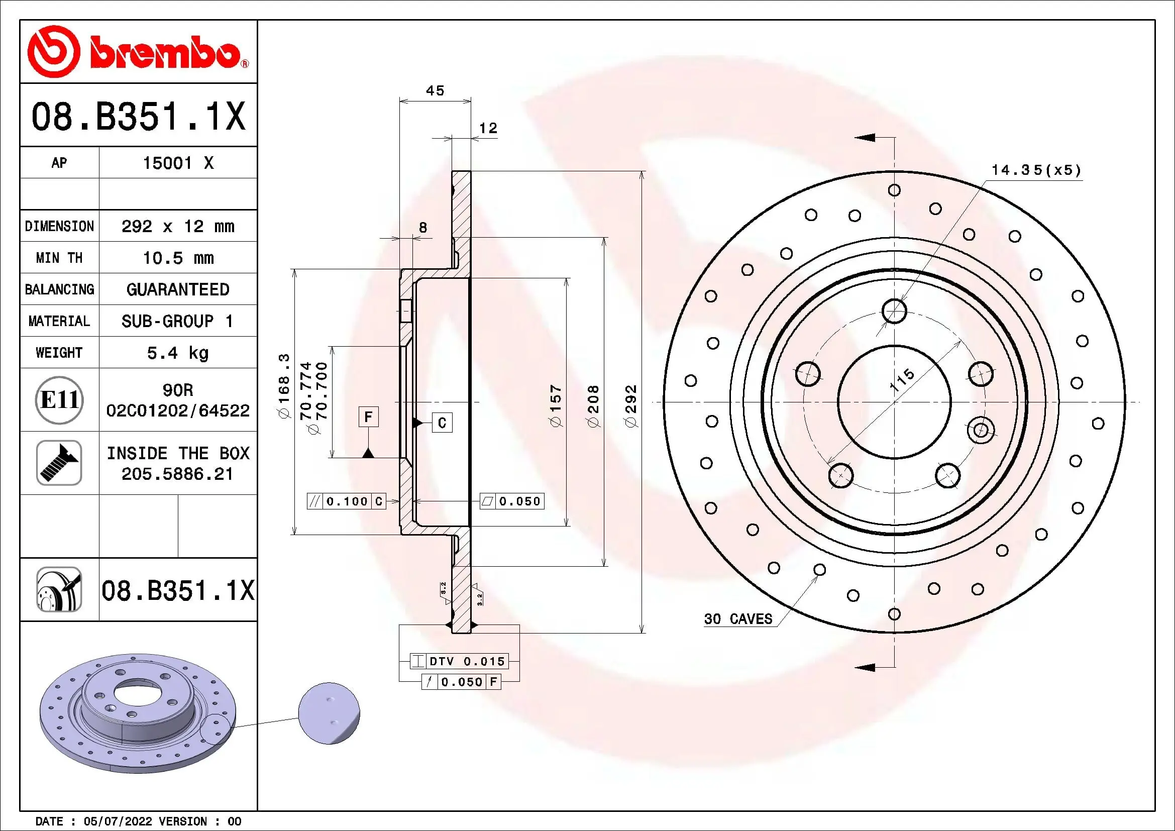 Bremsscheibe Hinterachse BREMBO 08.B351.1X