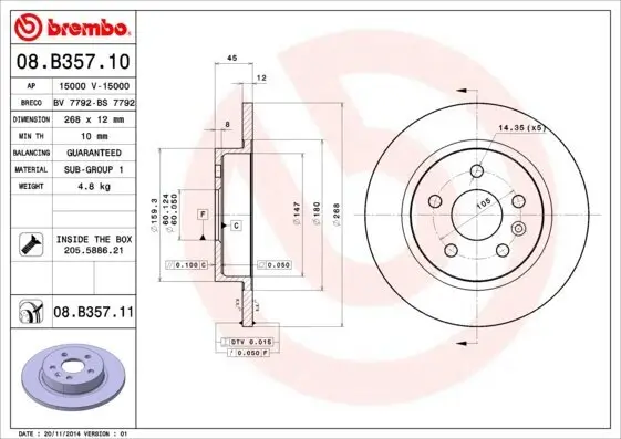 Bremsscheibe Hinterachse BREMBO 08.B357.11