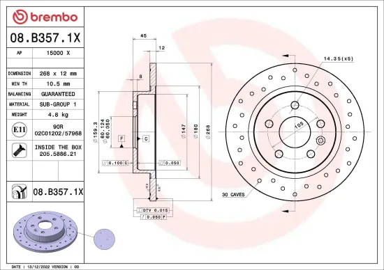 Bremsscheibe Hinterachse BREMBO 08.B357.1X Bild Bremsscheibe Hinterachse BREMBO 08.B357.1X