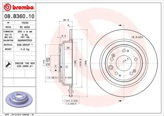 Bremsscheibe Hinterachse BREMBO 08.B360.10 Bild Bremsscheibe Hinterachse BREMBO 08.B360.10