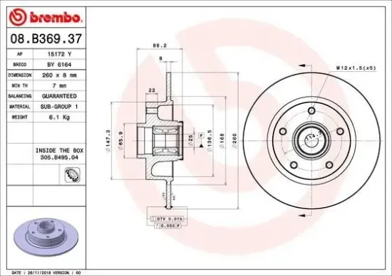 Bremsscheibe Hinterachse BREMBO 08.B369.37 Bild Bremsscheibe Hinterachse BREMBO 08.B369.37