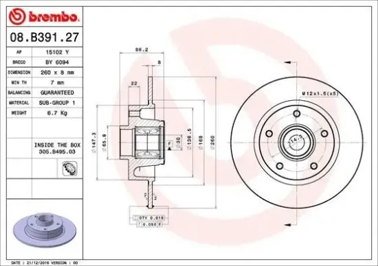 Bremsscheibe Hinterachse BREMBO 08.B391.27 Bild Bremsscheibe Hinterachse BREMBO 08.B391.27