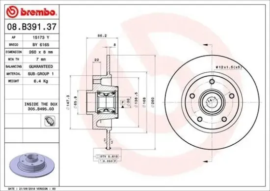 Bremsscheibe Hinterachse BREMBO 08.B391.37 Bild Bremsscheibe Hinterachse BREMBO 08.B391.37