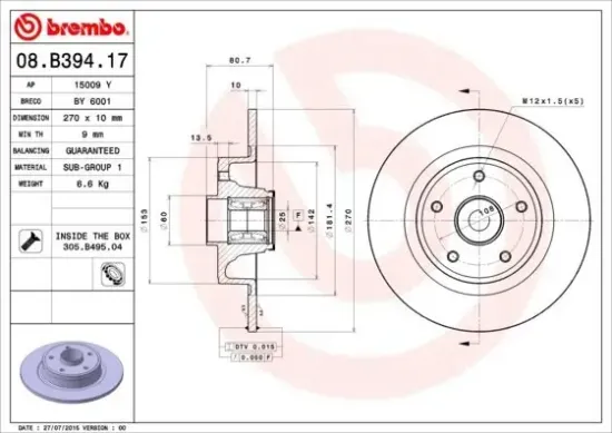 Bremsscheibe Hinterachse BREMBO 08.B394.17 Bild Bremsscheibe Hinterachse BREMBO 08.B394.17