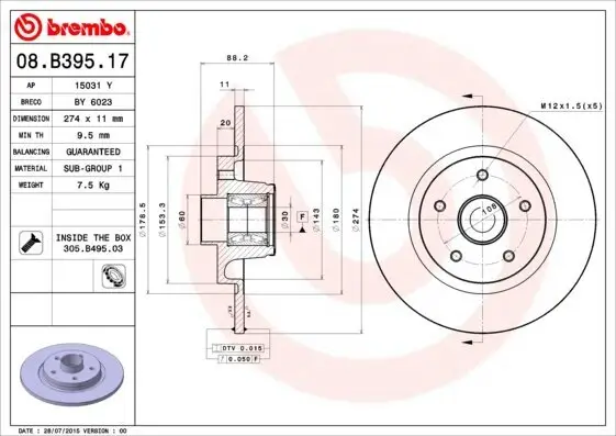 Bremsscheibe Hinterachse BREMBO 08.B395.17