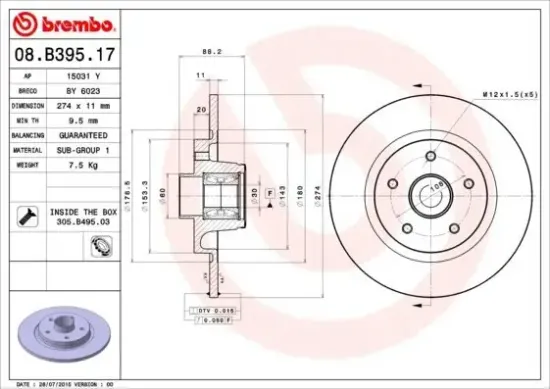 Bremsscheibe Hinterachse BREMBO 08.B395.17 Bild Bremsscheibe Hinterachse BREMBO 08.B395.17