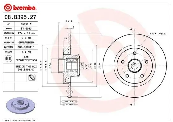 Bremsscheibe Hinterachse BREMBO 08.B395.27