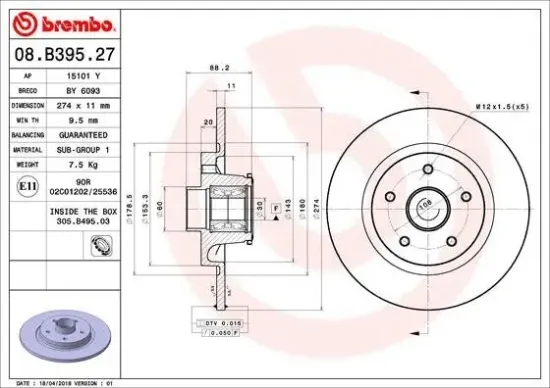 Bremsscheibe Hinterachse BREMBO 08.B395.27 Bild Bremsscheibe Hinterachse BREMBO 08.B395.27