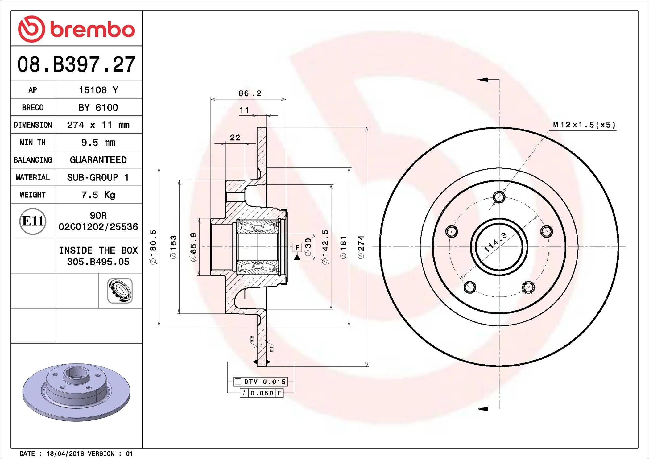 Bremsscheibe Hinterachse BREMBO 08.B397.27