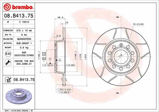 Bremsscheibe Hinterachse BREMBO 08.B413.75 Bild Bremsscheibe Hinterachse BREMBO 08.B413.75