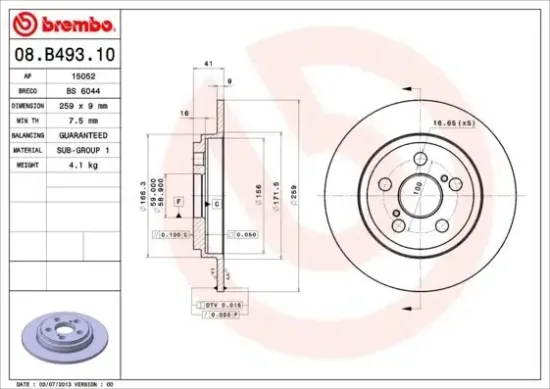 Bremsscheibe Hinterachse BREMBO 08.B493.10 Bild Bremsscheibe Hinterachse BREMBO 08.B493.10