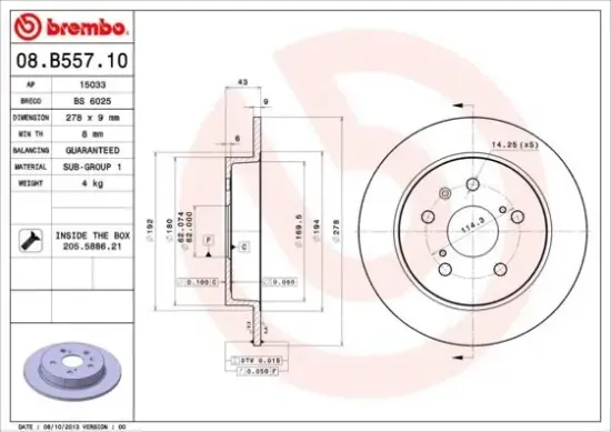 Bremsscheibe Hinterachse BREMBO 08.B557.10 Bild Bremsscheibe Hinterachse BREMBO 08.B557.10