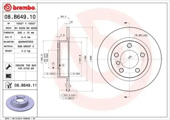 Bremsscheibe Hinterachse BREMBO 08.B649.11 Bild Bremsscheibe Hinterachse BREMBO 08.B649.11