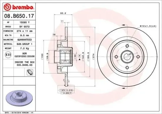 Bremsscheibe Hinterachse BREMBO 08.B650.17 Bild Bremsscheibe Hinterachse BREMBO 08.B650.17