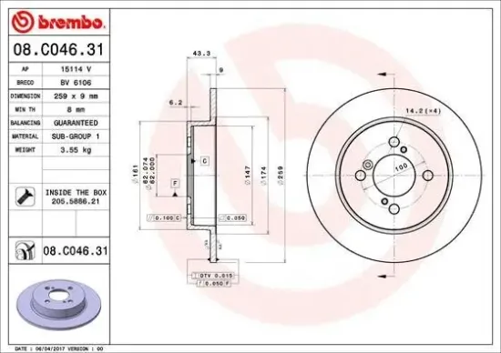 Bremsscheibe Hinterachse BREMBO 08.C046.31 Bild Bremsscheibe Hinterachse BREMBO 08.C046.31