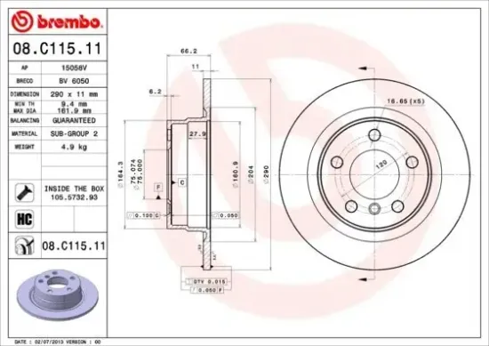 Bremsscheibe Hinterachse BREMBO 08.C115.11 Bild Bremsscheibe Hinterachse BREMBO 08.C115.11