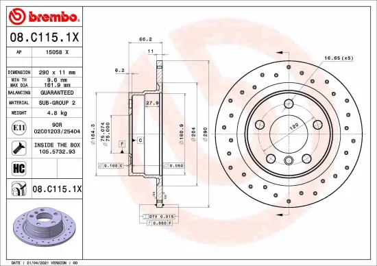 Bremsscheibe Hinterachse BREMBO 08.C115.1X Bild Bremsscheibe Hinterachse BREMBO 08.C115.1X
