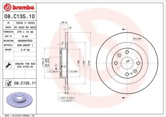 Bremsscheibe Hinterachse BREMBO 08.C135.11 Bild Bremsscheibe Hinterachse BREMBO 08.C135.11